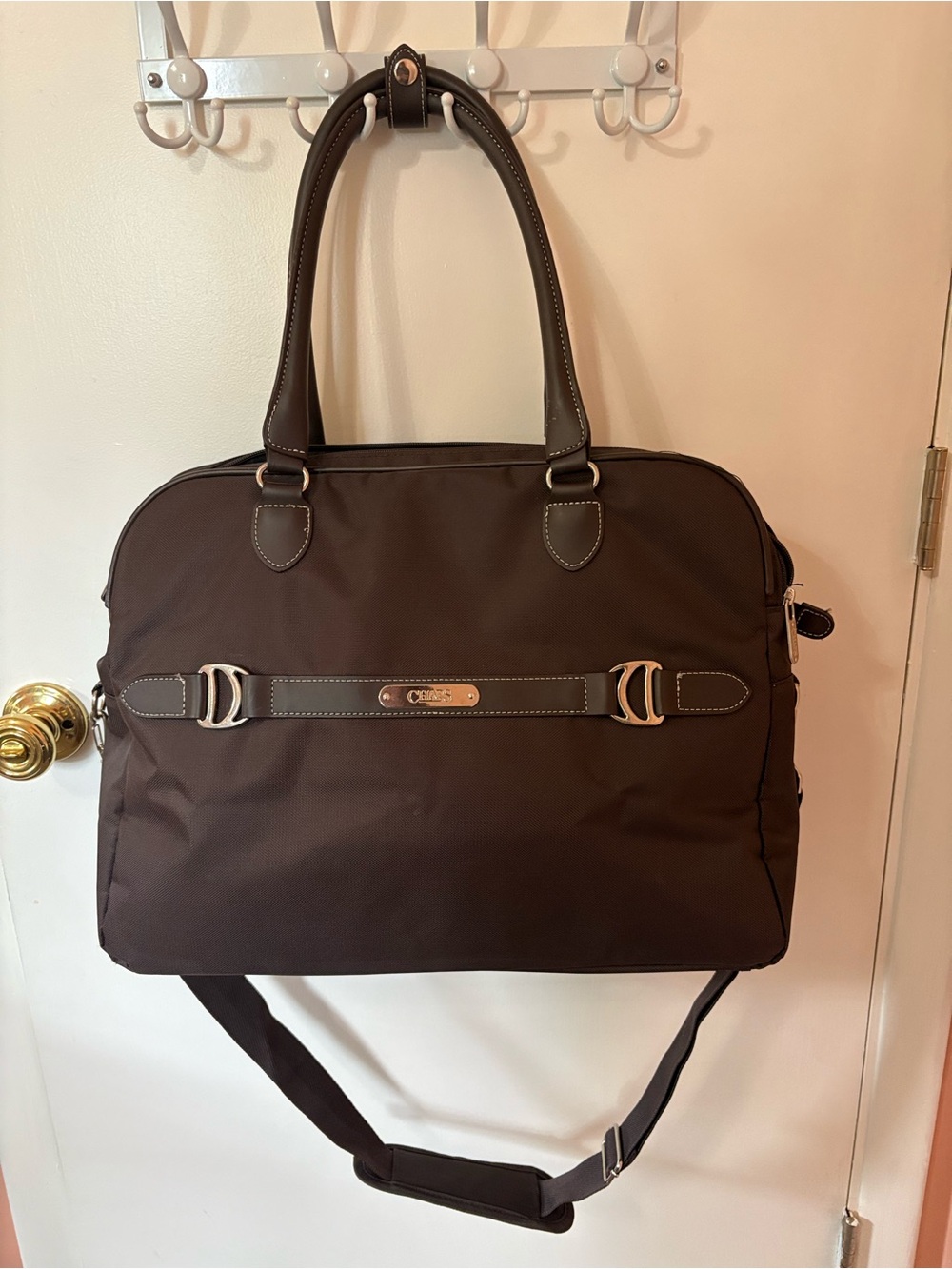 Chaps Brown Nylon Traveler Briefcase with Leather Trim